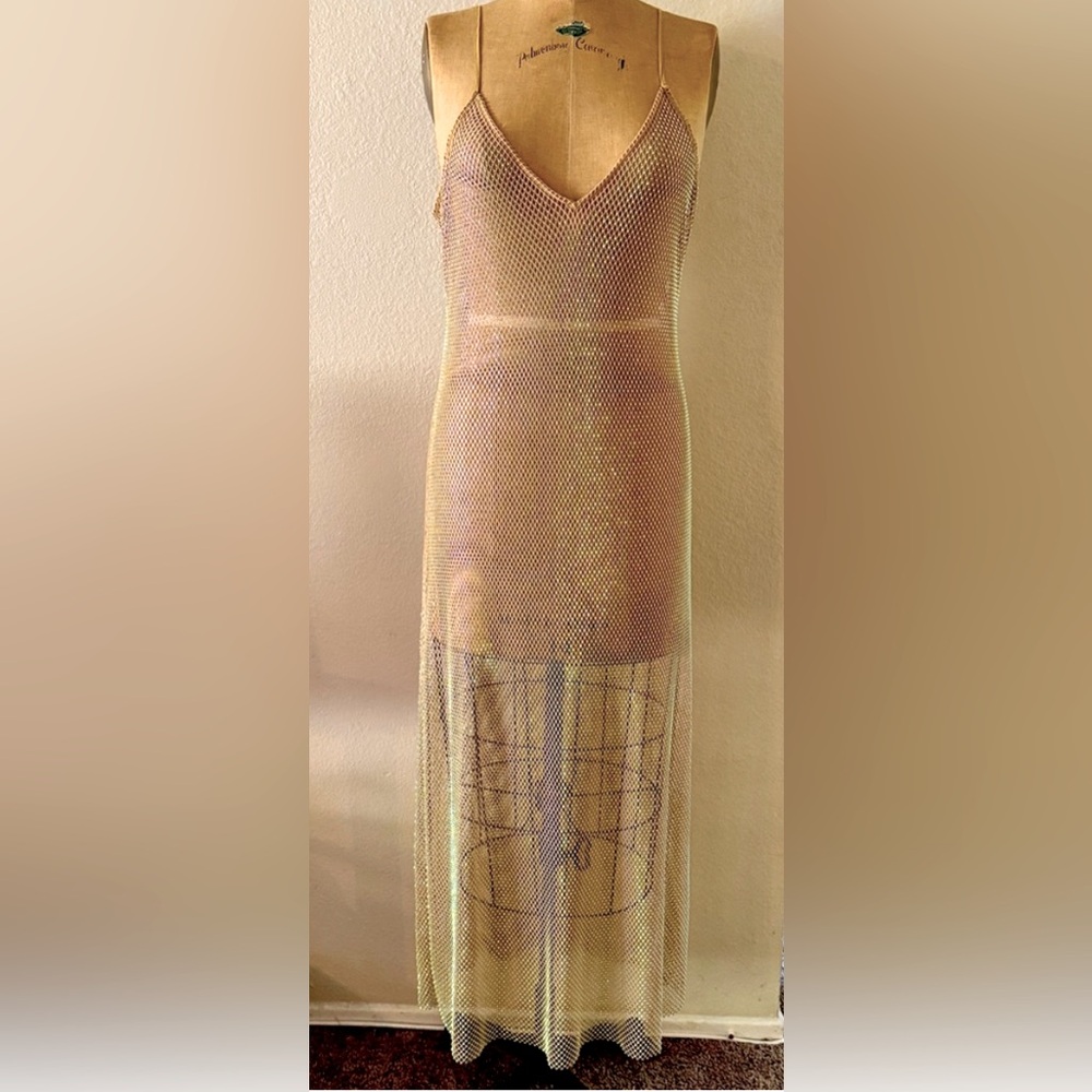 H&M- Sheer Nude, Stretch Fishnet with Rhinestone, Maxi Dress Size L